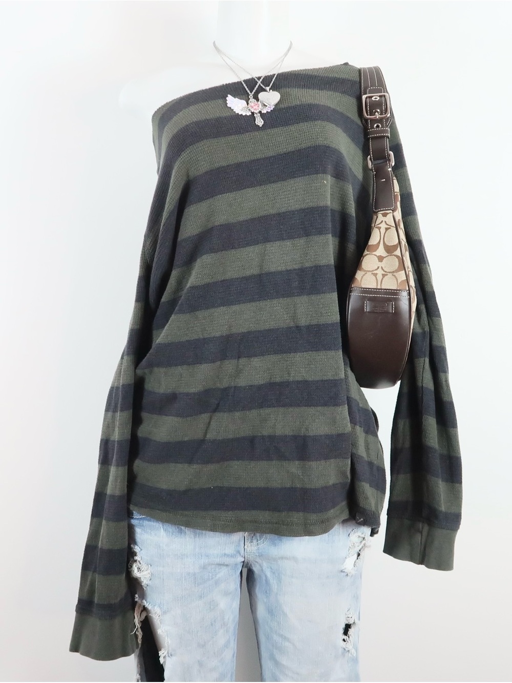 y2k olive green navy striped sweater oversized vintage knit